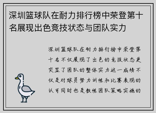 深圳篮球队在耐力排行榜中荣登第十名展现出色竞技状态与团队实力